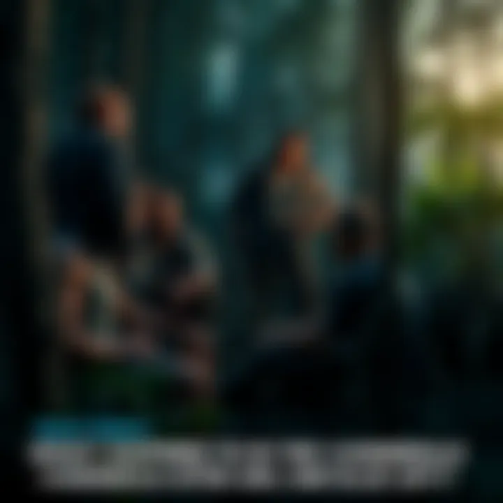 Surviving cannibals gather in a dark forest, discussing their next meal while looking weary and tense.
