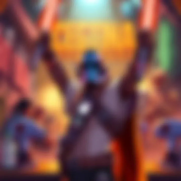 An illustration showing a character celebrating achieving Cantina Legend status with rank promotions and rewards in the background.