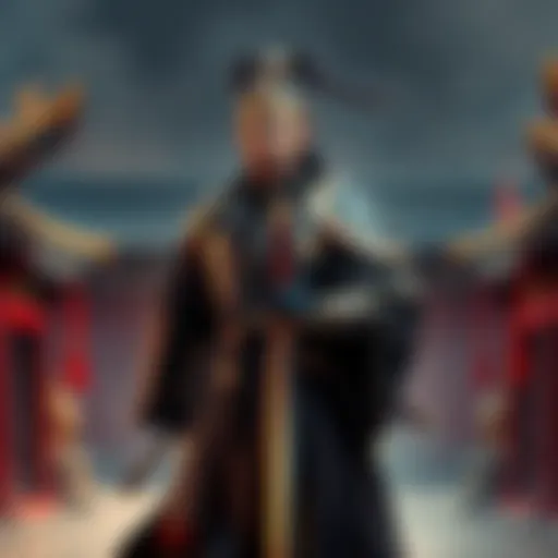 A historical figure representing Cao Cao stands in traditional Chinese armor, holding a sword, surrounded by ancient architecture, symbolizing the Three Kingdoms era.