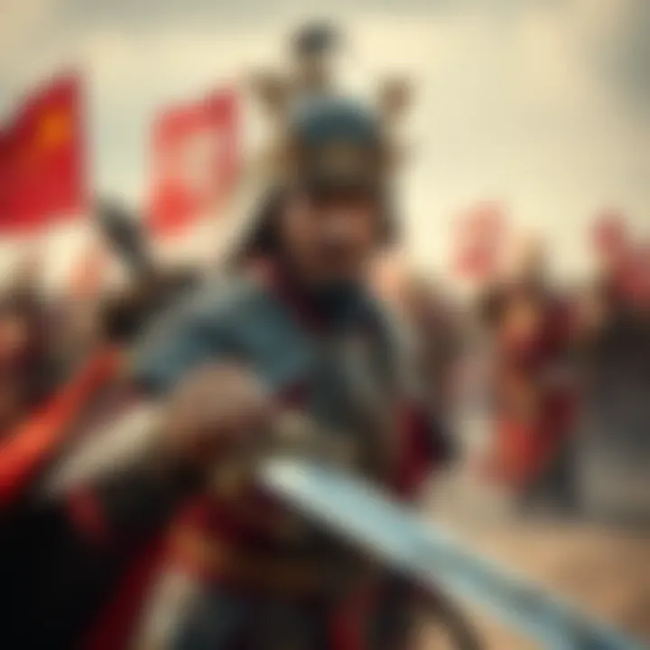 Cao Cao dressed in traditional Chinese armor, holding a sword with a fierce expression, standing on a battlefield with soldiers in the background