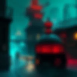 Concept art showing a dark, atmospheric cityscape inspired by BioShock, blending elements of Capcom's style with iconic features like underwater themes and vintage architecture.