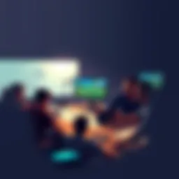 A team of game developers brainstorming ideas at a table with sketches and computer screens showing game designs, showcasing collaboration and creativity in game development.