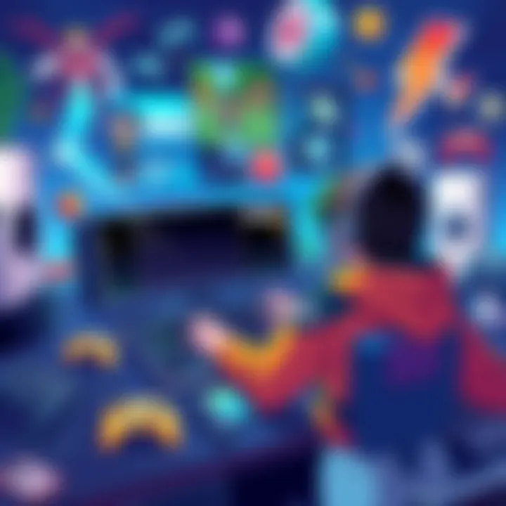 An illustration showing a game developer using advanced technology to create a video game, surrounded by various gaming elements like characters and consoles.