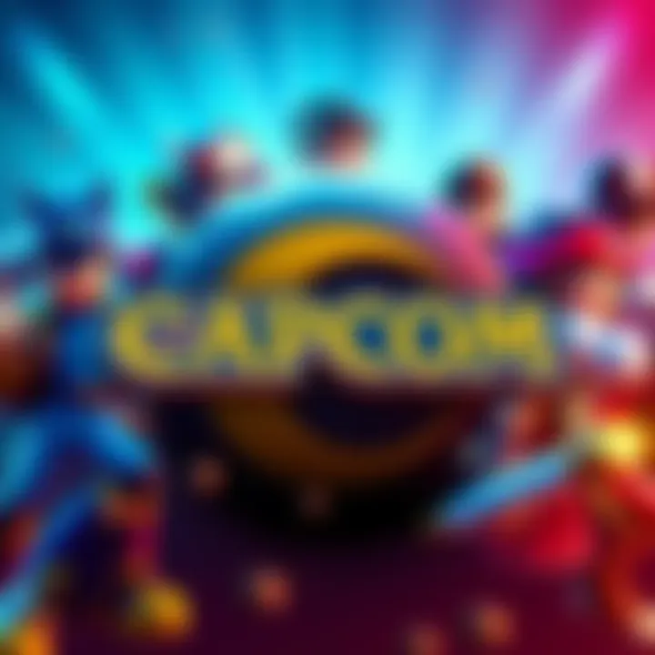 Capcom logo with game characters Capcom logo surrounded by popular game characters like Mega Man and Ryu