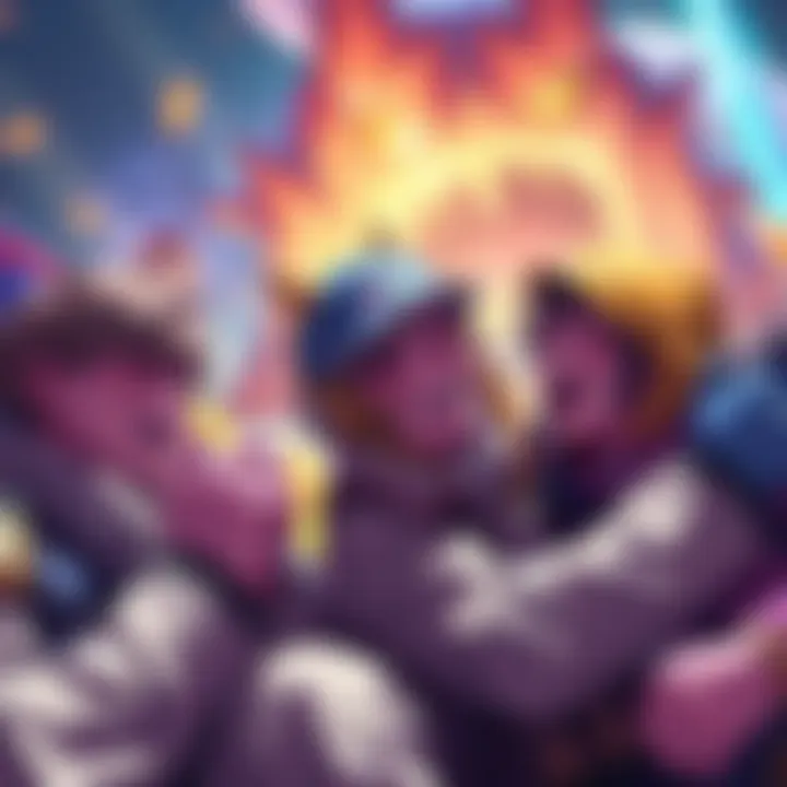 A scene showing players laughing and enjoying a lighthearted moment during the Seregios hunt in a game by Capcom, with colorful graphics and playful character interactions.