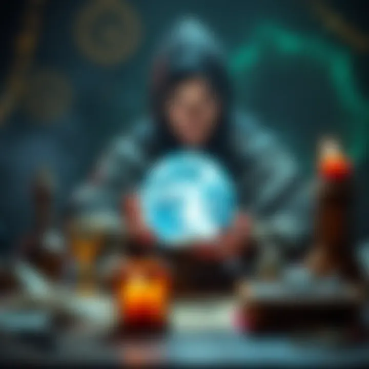 A cape psychic with a crystal ball on a table, surrounded by mystical items, gazing into the future