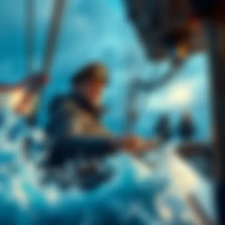 A captain on a ship looking for survival advice from fellow crew members, surrounded by ocean waves.