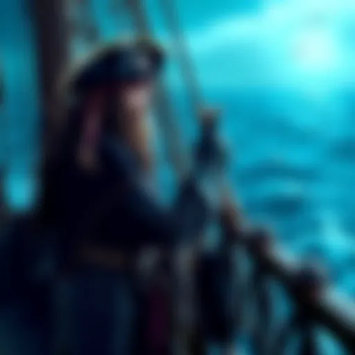 A fierce pirate, Captain Barbossa, stands on a ship deck with a sword, looking out at the ocean waves.