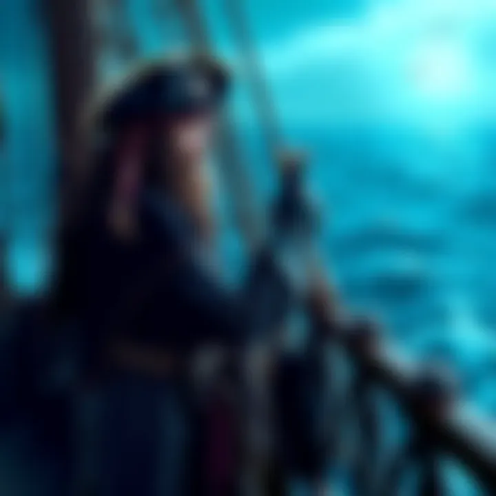 A fierce pirate, Captain Barbossa, stands on a ship deck with a sword, looking out at the ocean waves.