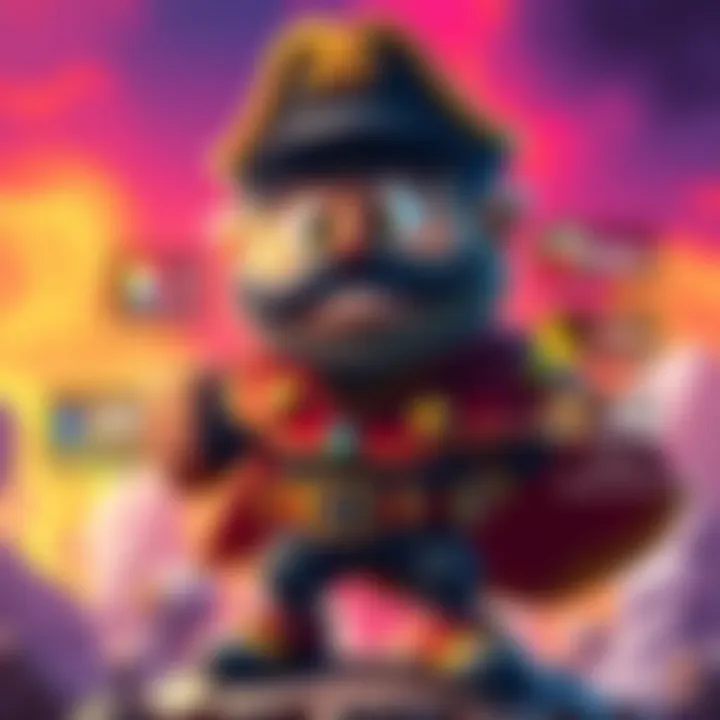 A colorful cartoon image of Captain Grumbles, showing him in a fierce pose with his unique stats displayed around him, set against a vibrant background.