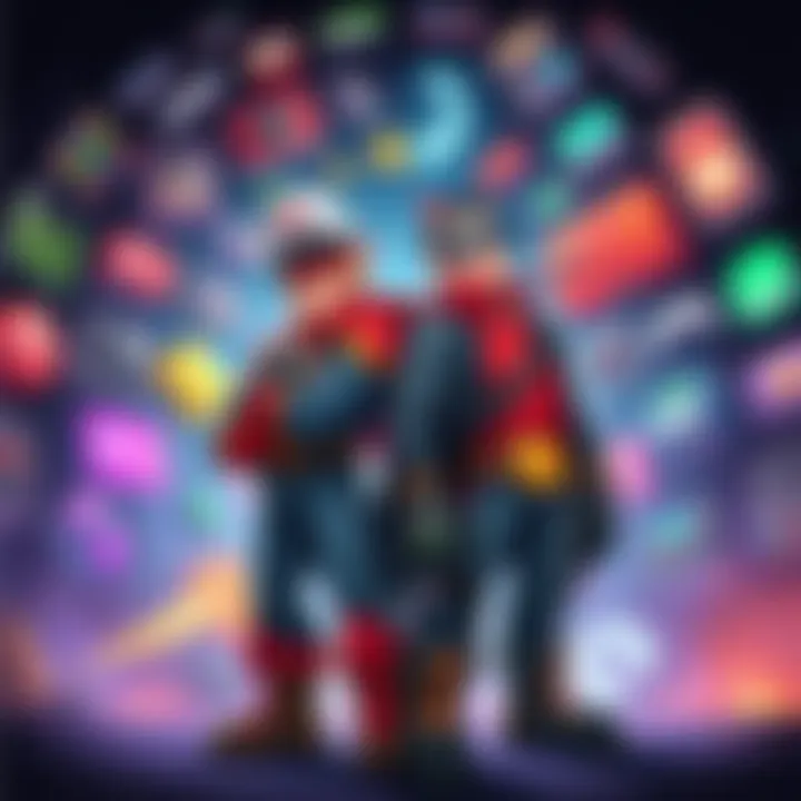 Captain N and The Game Master stand side by side, surrounded by iconic video game elements, symbolizing their impact on gaming culture.