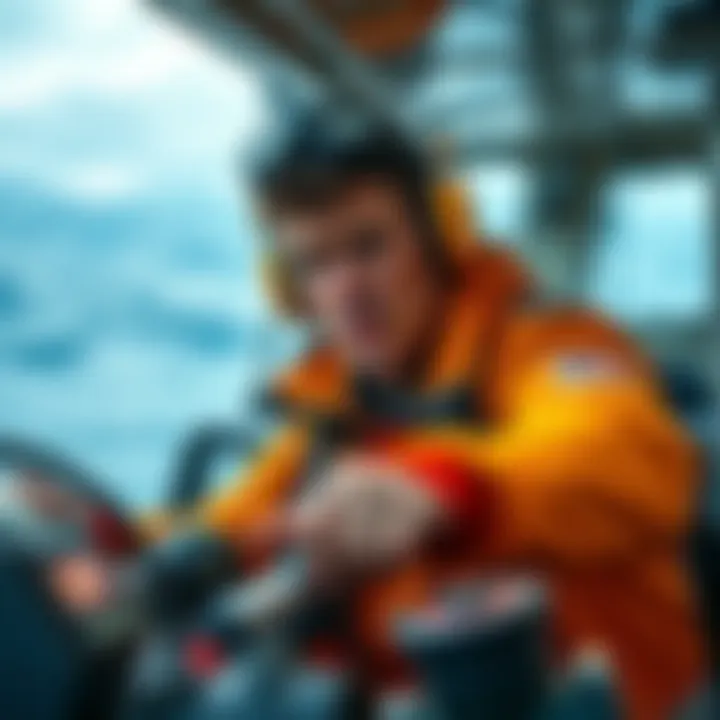 A tired captain trainee on a boat, looking focused while handling navigation equipment, showcasing determination despite exhaustion.