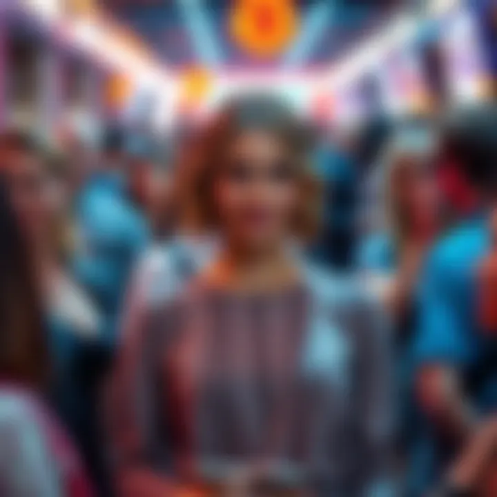 A woman stands confidently in a busy social setting, drawing the attention of those around her with her engaging presence and smile.