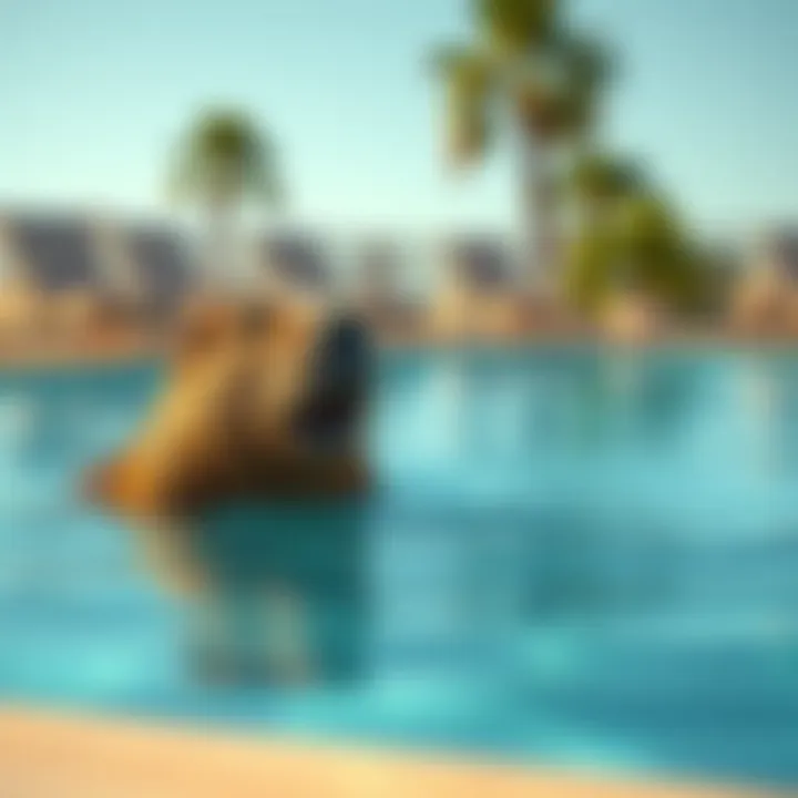 A capybara splashing in a pool with empty lounge chairs around