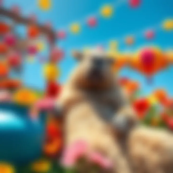 A capybara lounging in the sun, surrounded by colorful flowers and playful decorations, representing the fun of capyposting.