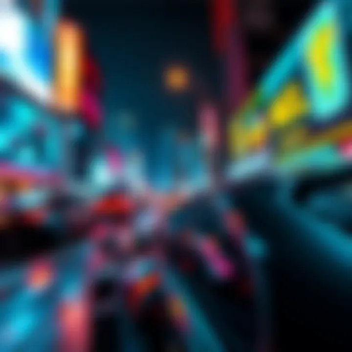 A car cruising through the neon-lit streets of Night City at night, with a vibrant skyline and glowing billboards in the background.