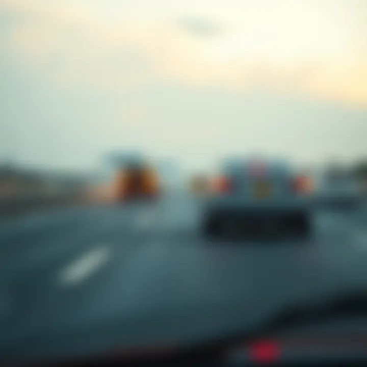 A car neatly driving in its lane on a busy highway, illustrating lane discipline and road safety.