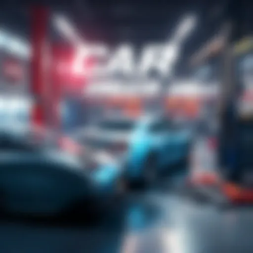Promotional art for Car Mechanic Simulator 2018 featuring cars and tools in a garage setting