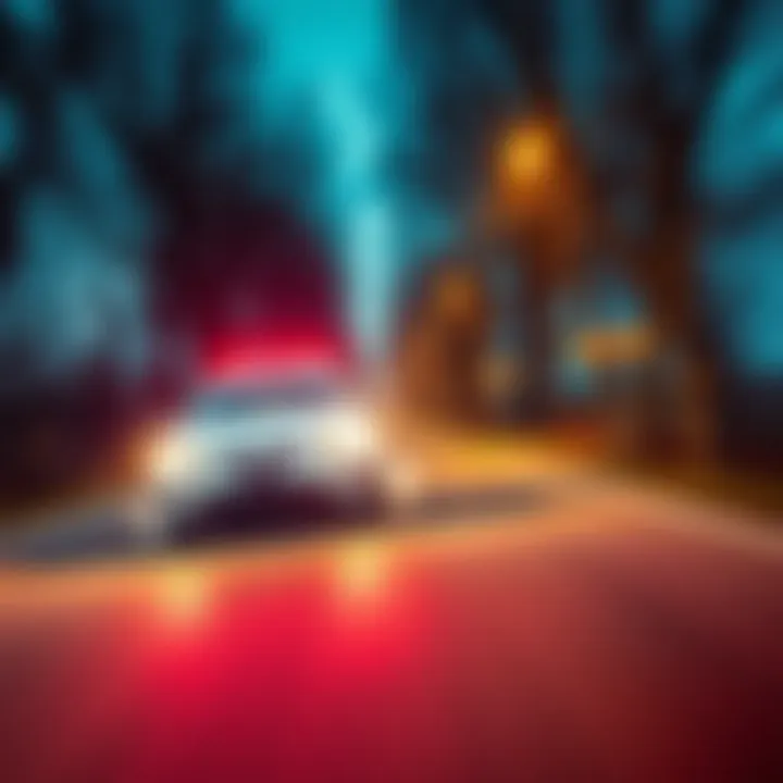 A car dangerously swerving off the road with a blurred background showing trees and road signs