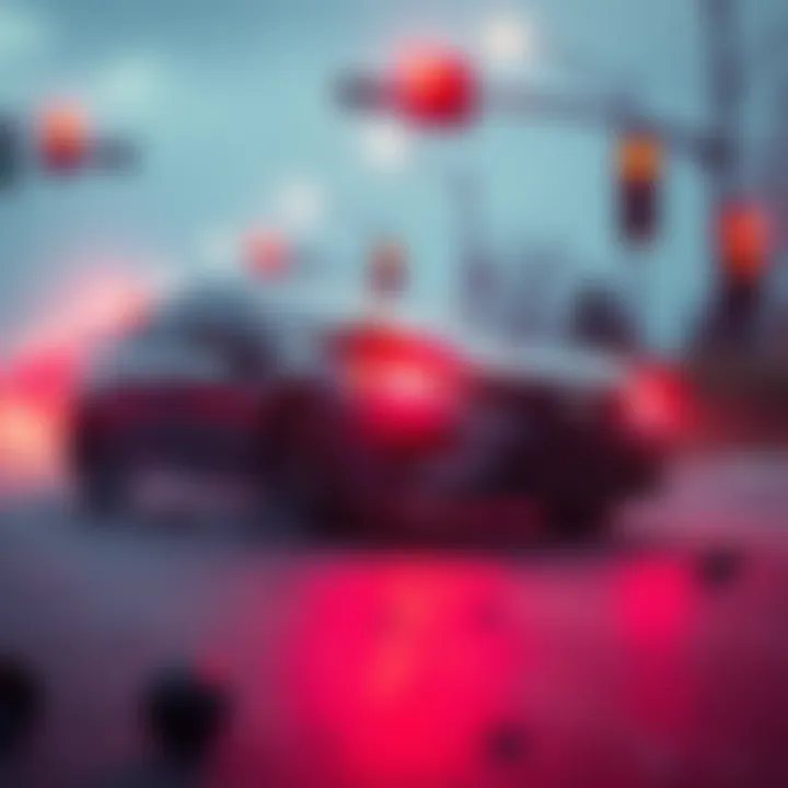 Car accident scene A car involved in a crash after running a red light, with debris scattered around