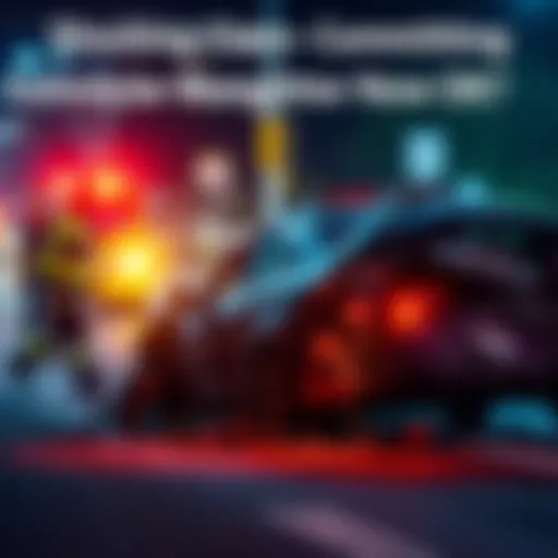 A damaged car at the scene of an accident with emergency responders nearby, symbolizing the seriousness of vehicular manslaughter discussions.