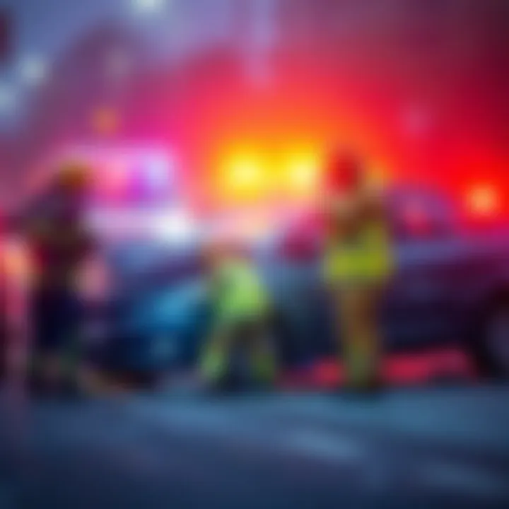 Car accident scene with emergency responders Emergency responders at the site of a car accident, assessing damage and helping injured people.