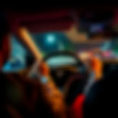 A driver's hands off the steering wheel while the vehicle's autopilot is engaged, with music controls visible on the dashboard.