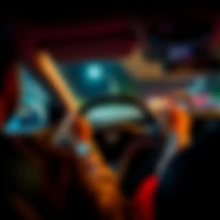 A driver's hands off the steering wheel while the vehicle's autopilot is engaged, with music controls visible on the dashboard.