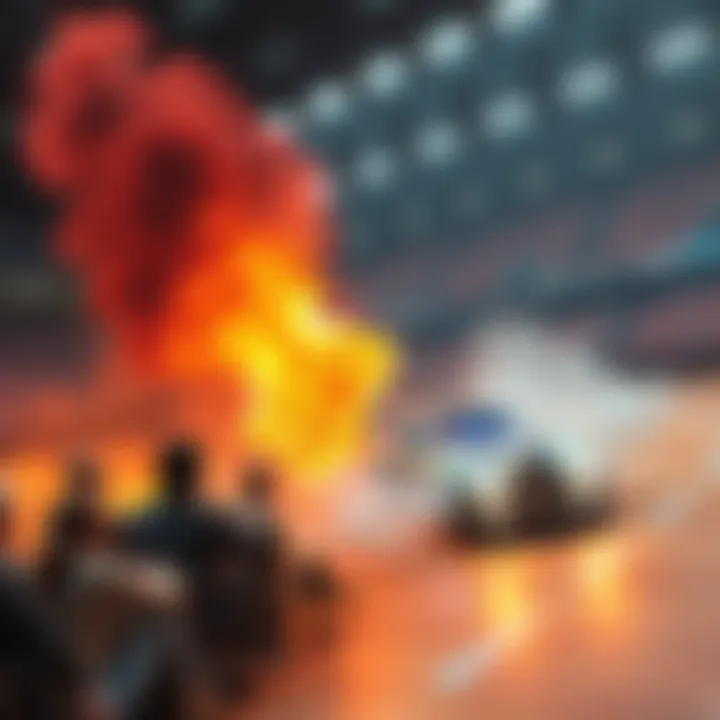 Car combat game concept art Concept art showing cars battling in an arena, inspired by Twisted Metal, with an audience watching