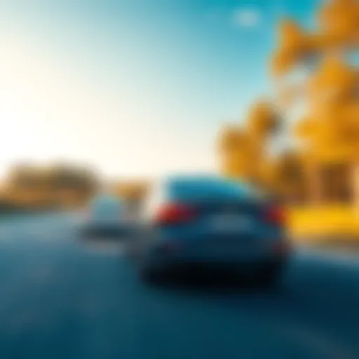 A car driving on a clear road with trees on the side, symbolizing safe driving.