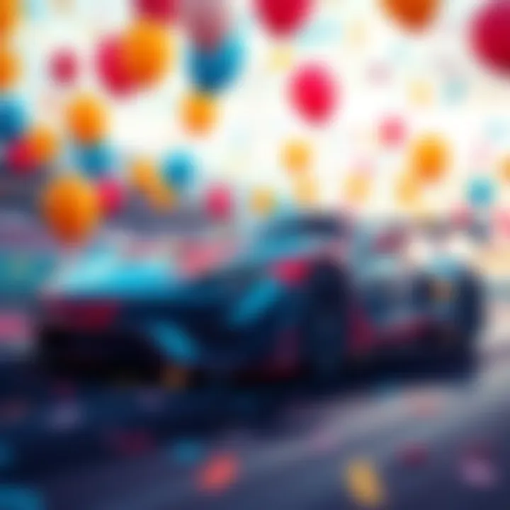 Colorful illustration showing a race car with balloons and confetti celebrating the game's 15th anniversary