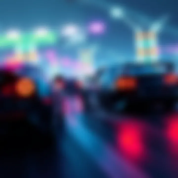 A dynamic scene of cars competing in a game, showcasing the flip reset indicator and audio cues enhancing their performance during challenges.