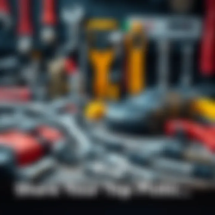 A collection of automotive tools including wrenches, screwdrivers, and a car model on a workbench.