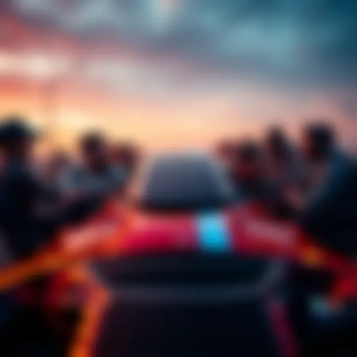 Group of friends enjoying a car meet with racing cars and gaming consoles