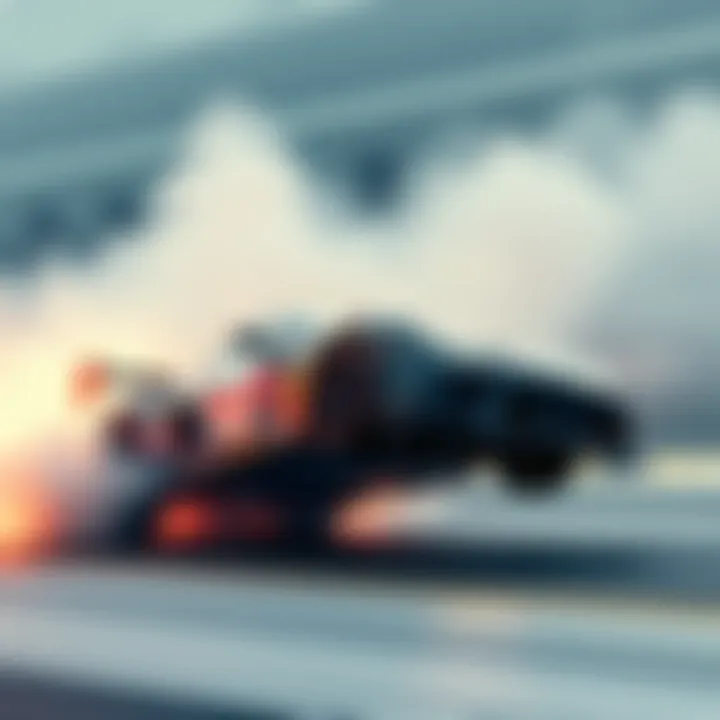 A racing car executing a powerslide while transitioning into an air roll for a smooth landing