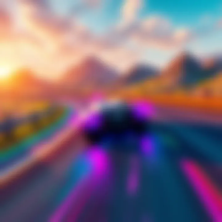 Car racing on a vibrant virtual road A car speeding down a colorful digital road with scenery in the background