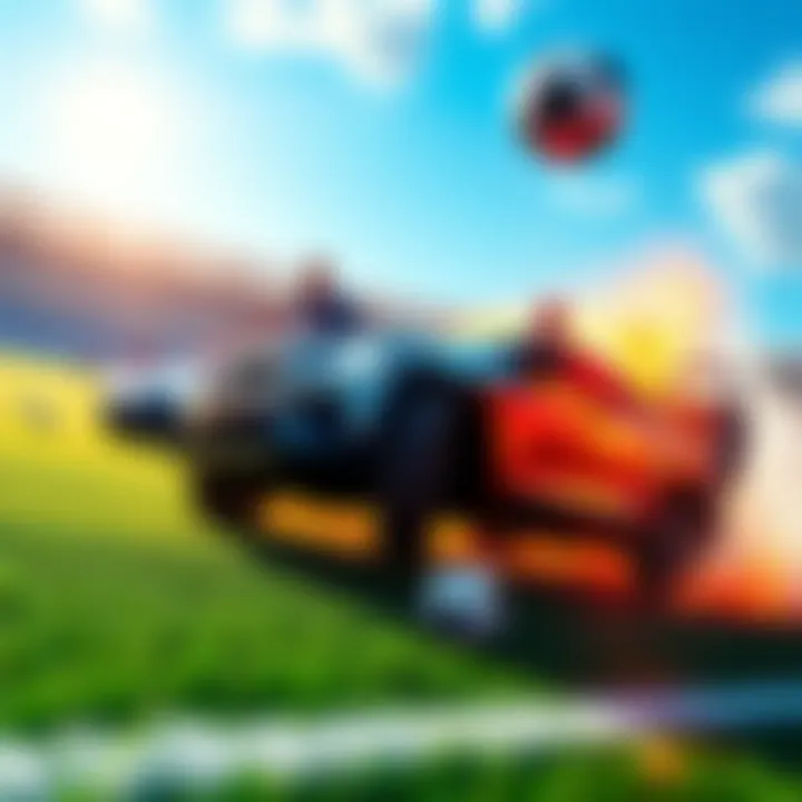 A colorful car soccer match scene showing players competing on the field, with cars boosting and a soccer ball in mid-air.