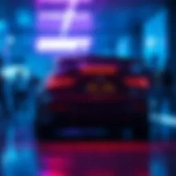 A player’s car with a bright, distracting backlight causing laughter among other players in the gaming lobby.