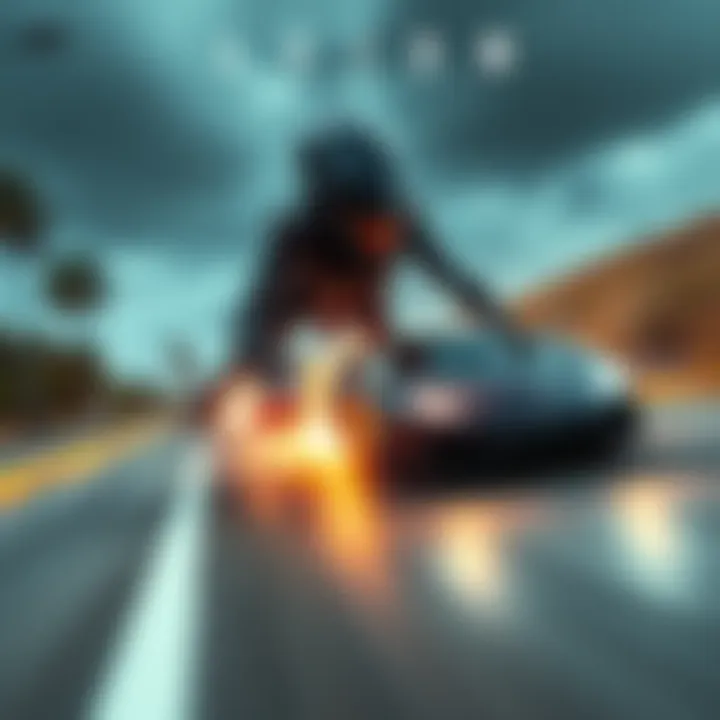 A car speeding towards a Xenomorph in a dramatic action scene