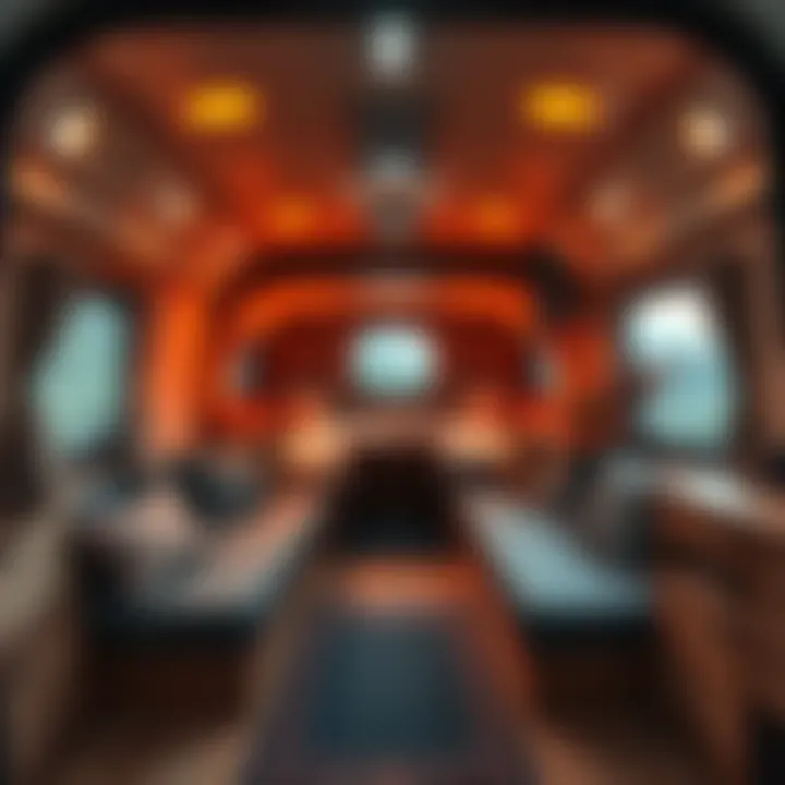 A cozy and functional interior layout of an expedition caravan pod, showcasing seating, sleeping areas, and storage solutions.