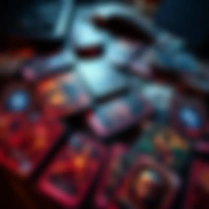 A collection of game cards spread out on a table, showing various deck types and strategies for gameplay.