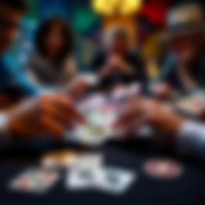 A close-up of a person's hands playing cards on a table, showcasing various card types and strategic play, with focused expressions from players around them.