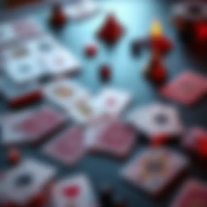 Cards laid out on a table showing various strategic plays in a card game