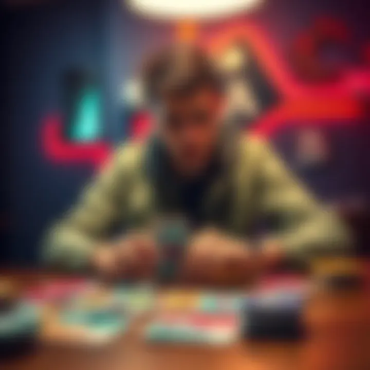 A player sitting at a table looking frustrated while playing a card game, unable to move cards left or right, with various colorful cards spread out in front of them.