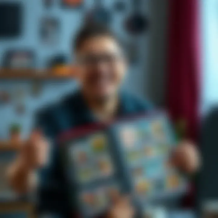 A collector proudly displays a completed card album with a joyful expression, surrounded by a few open packs of cards and various card designs.