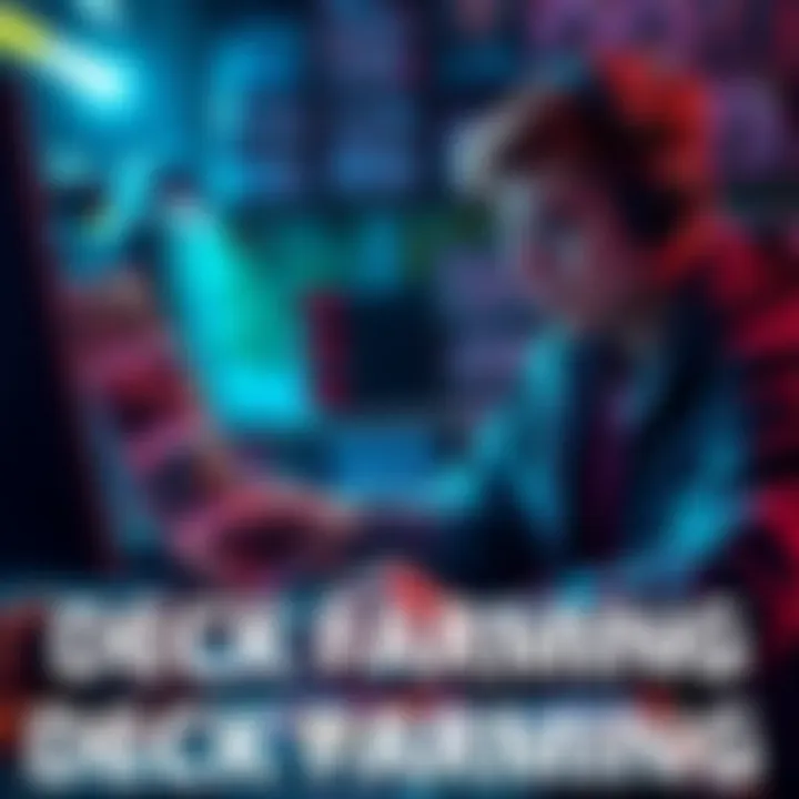 A player organizing their card collection while discussing strategies for deck farming in a card game.