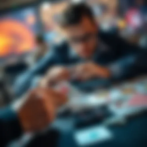 A person examining various card decks on a table, showcasing different card designs and colors to choose from.