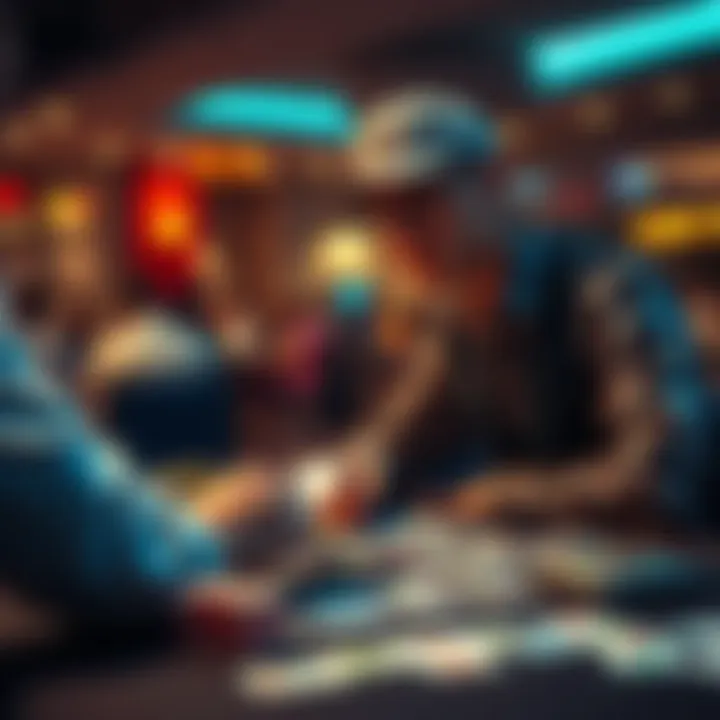A beginner player strategizing in front of a card table with various cards visible.