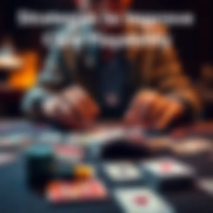 A player examining different gaming cards on a table to improve playability strategies.