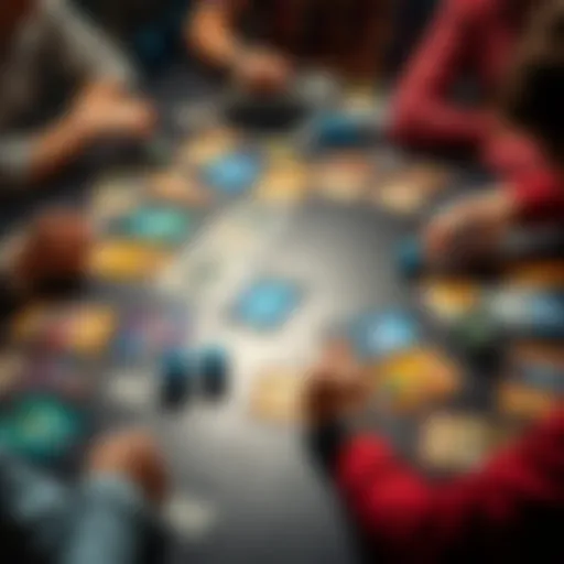 A collection of colorful trading cards laid out on a table, showcasing unique designs and artwork, with players engaged in thoughtful gameplay.